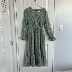 Green Print Long Sleeve Dress-Small